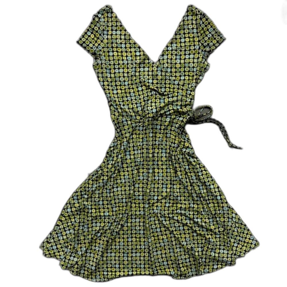 London Times Women's Green and Blue Geometric Patterned Midi Dress